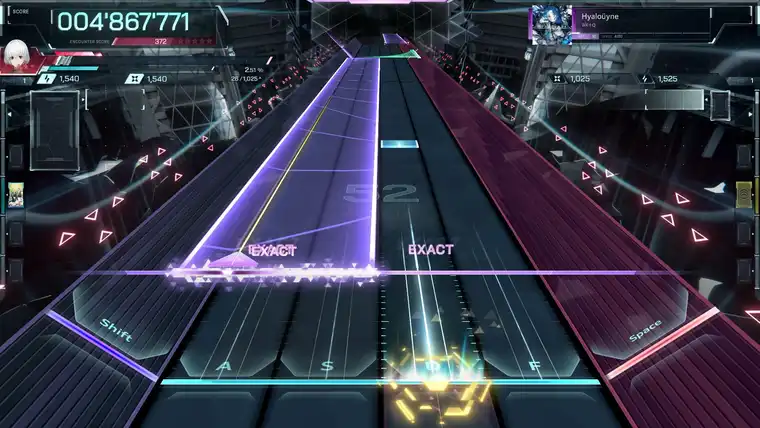 In Falsus rhythm play: six floor lanes under Shift, A, S, D, F and Space, with the aerial Field above